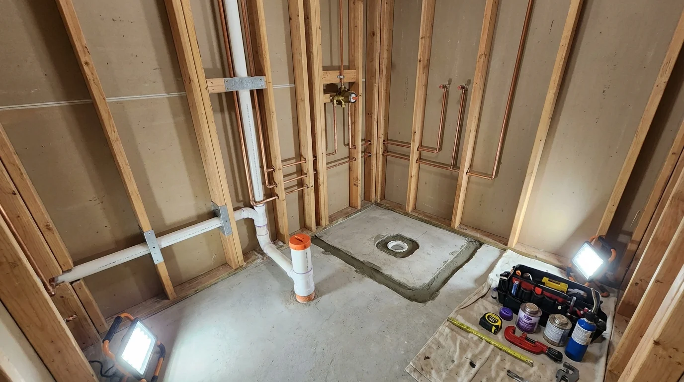 Bathroom rough-in plumbing during remodel by Johns Plumbing LLC in New Llano