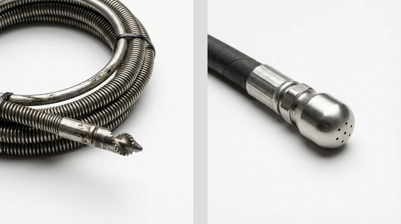 Drain snake cable and hydro jetting nozzle used for drain cleaning in New Llano, LA