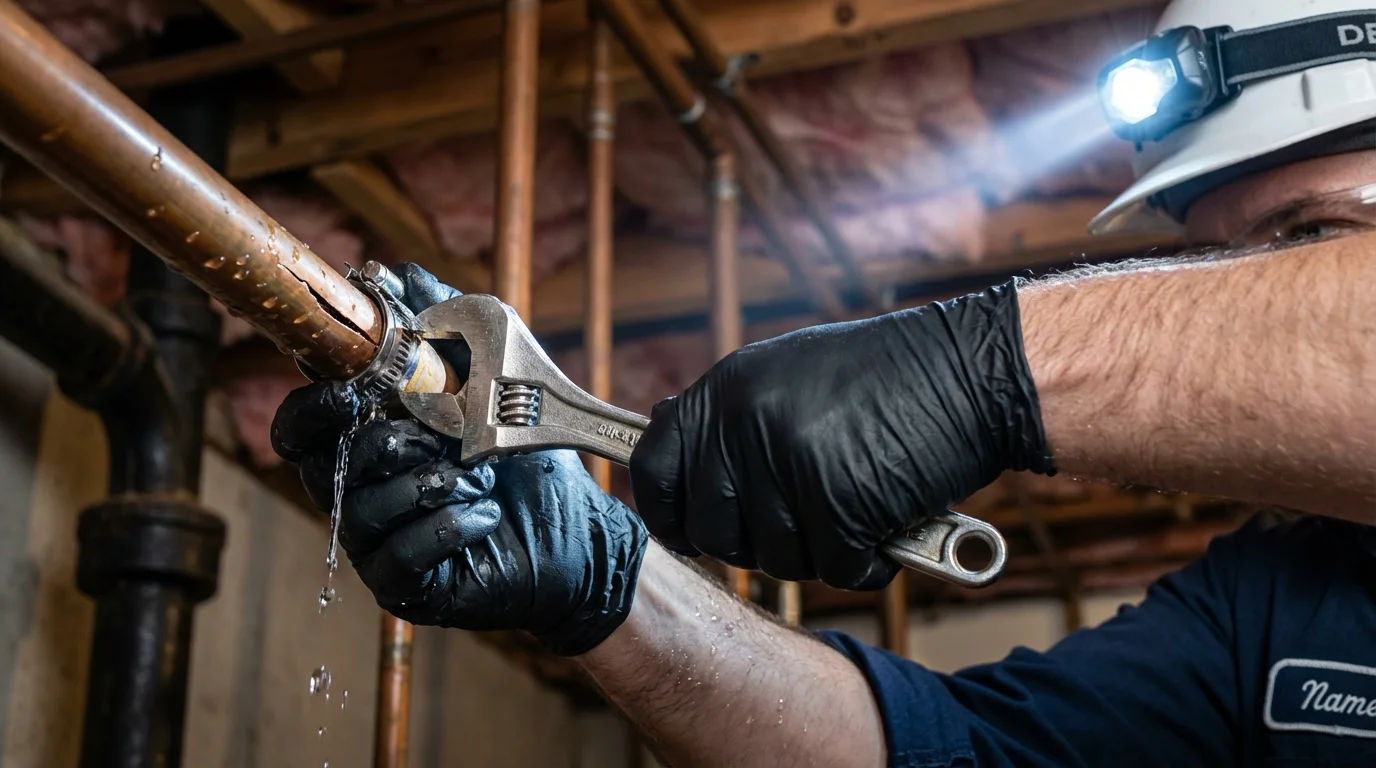 Emergency pipe clamp repair being performed by a Johns Plumbing LLC plumber in New Llano