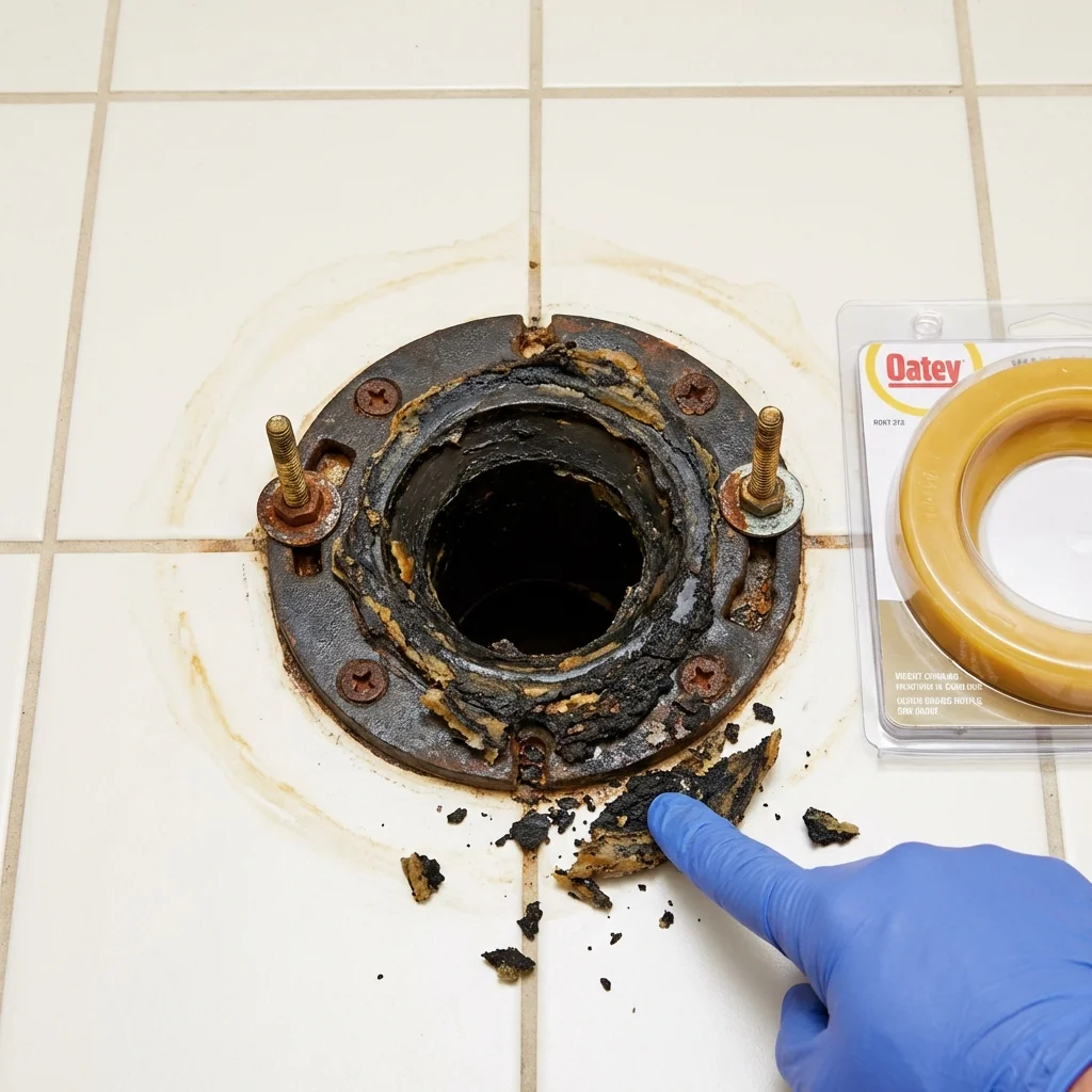 Failed wax ring showing water seepage at the base of a toilet in a New Llano, LA home