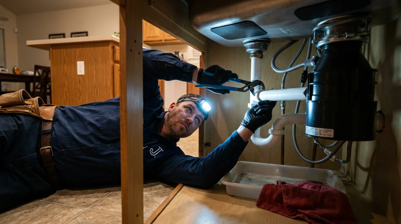 P-trap and supply line connections under a kitchen sink showing a common leak point in New Llano, LA